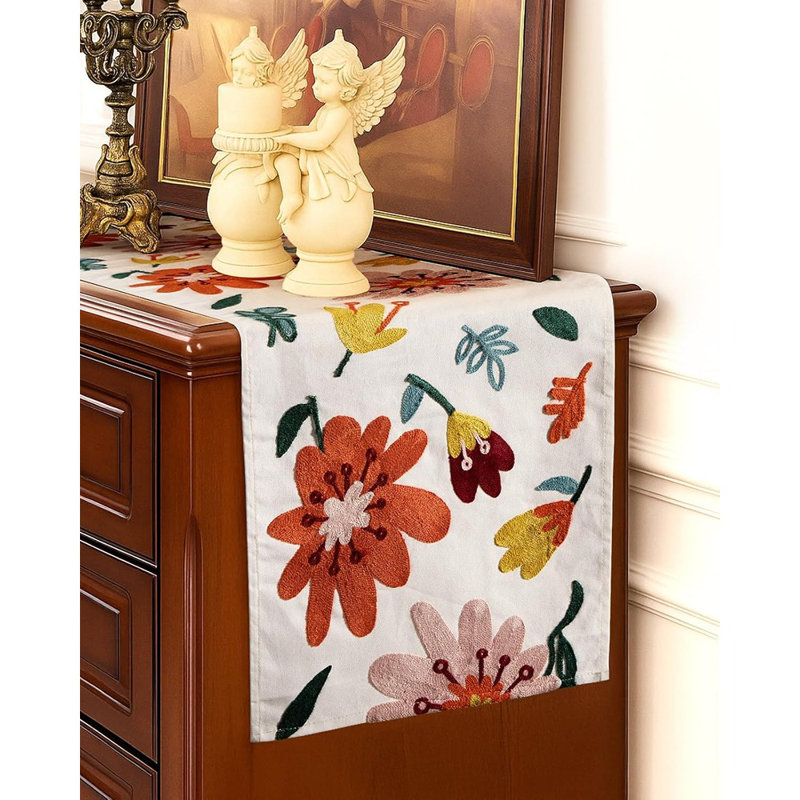 Chemin de table floral brodé - Multicolore - Toile de lin pour décoration de printemps, bohème et maison de campagne
