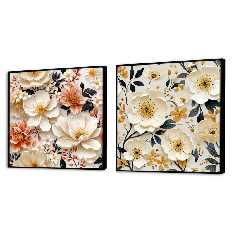 Trond - Ensemble de 2 collages floraux carrés, Cadre flottant noir, H 16 po x l 33 po