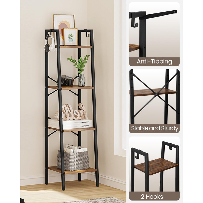 Ladder Shelf Bookshelf, Freestanding Corner Storage with 2 Hooks, Rustic Brown