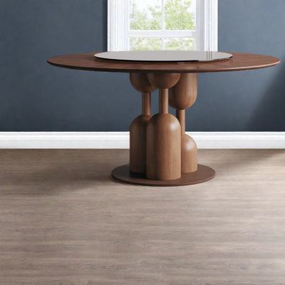59" Solid Wood Round Dining Table With 35-Inch Tempered Glass Lazy Susan