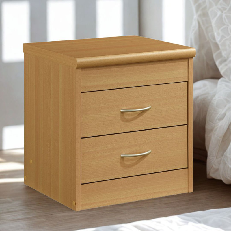 2-Drawer Wood Nightstand 17 inch Wide Bedside Table for Small Space with Storage, , Beech