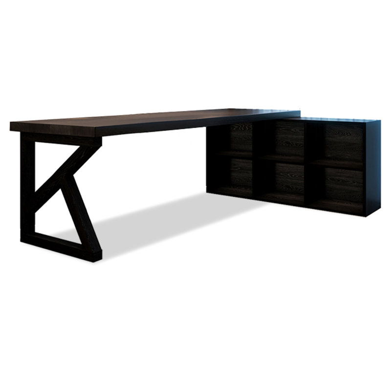Bureau tout en bois noir en forme de L avec armoires ouvertes, H 29,53 po x l 78,74 po x P 41,34 po