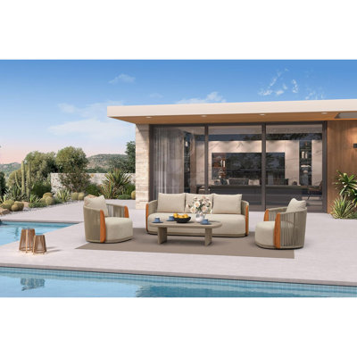  Outdoor Furniture Set, 4-Piece Classic Patio Conversation Set with Armchair, Genuine Teak, Olefin Fabric & 9" Thick Backrest& Aluminum Rope Coffee Table - Luxury Outdoor Sectional Sofa