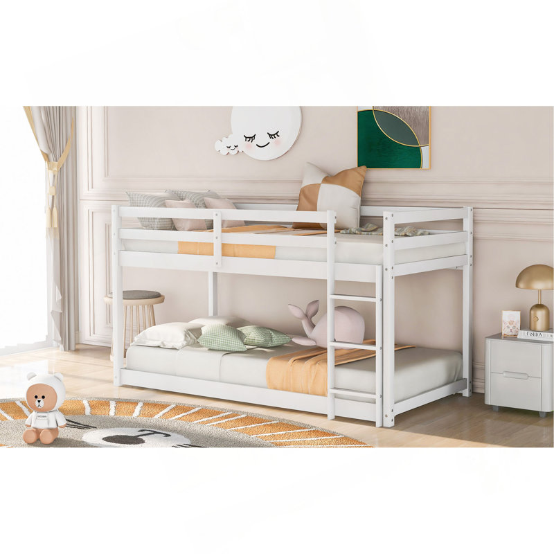 Twin Over Twin Floor Bunk Bed With Ladder , White