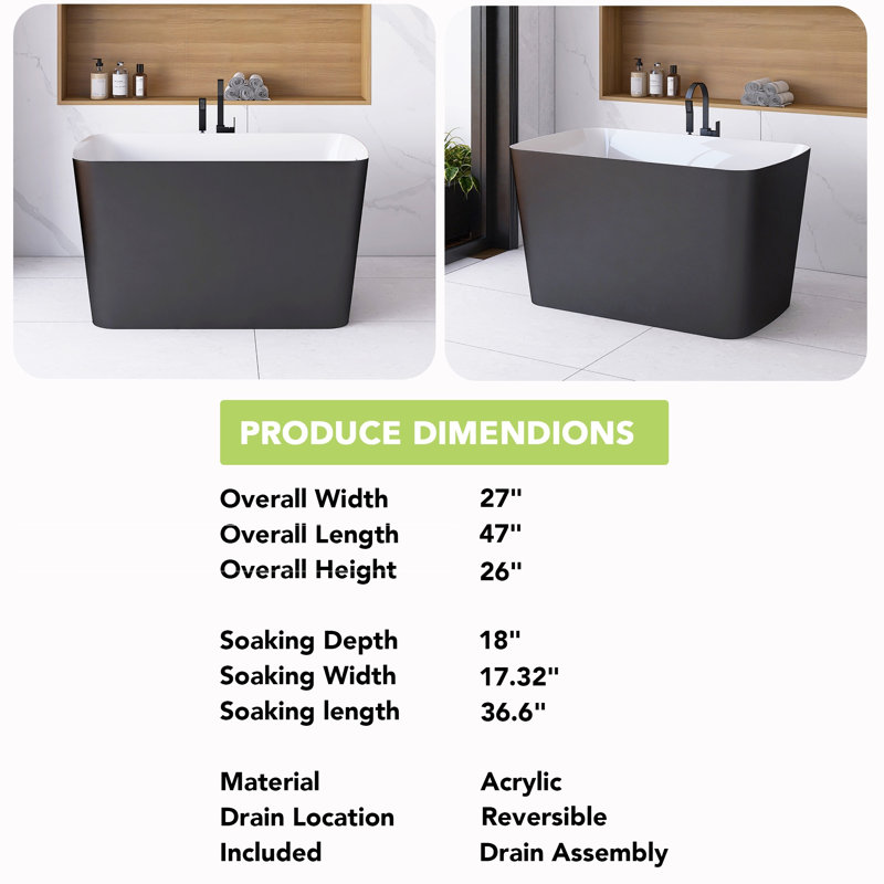 47 In. X 27 In. Freestanding Acrylic Soaking Bathtub, Matte Black