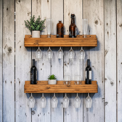 Set of 2 Wall Mounted Wine Racks with Side-Load Stemware Holder, Solid Wood Floating Shelves with Glass Storage, 30 inch Light Walnut