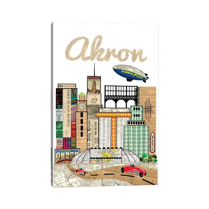 Akron Oh Skyline par Paper Cutz - impression sur toile tendue, H 18 po x l 12 po x 1,5 po
