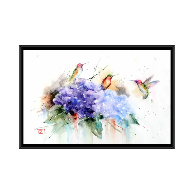 «Three Hummingbirds», peinture sur toile, H 18 po x l 26 po x P 1,5 po, Toile avec cadre noir, Pas de tapis