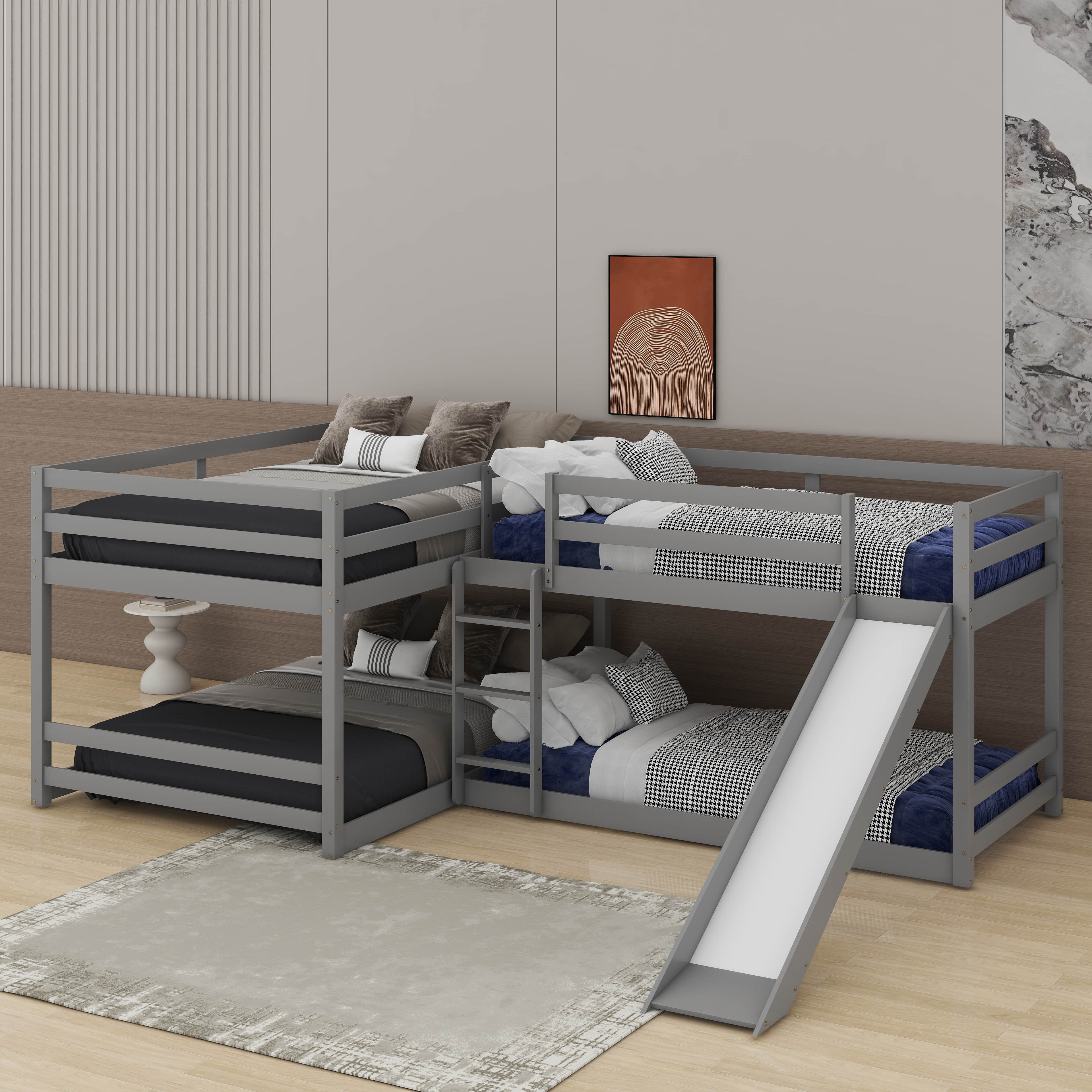 Latitude Run® Full And Twin Size L-Shaped Bunk Bed With Slide And Short ...