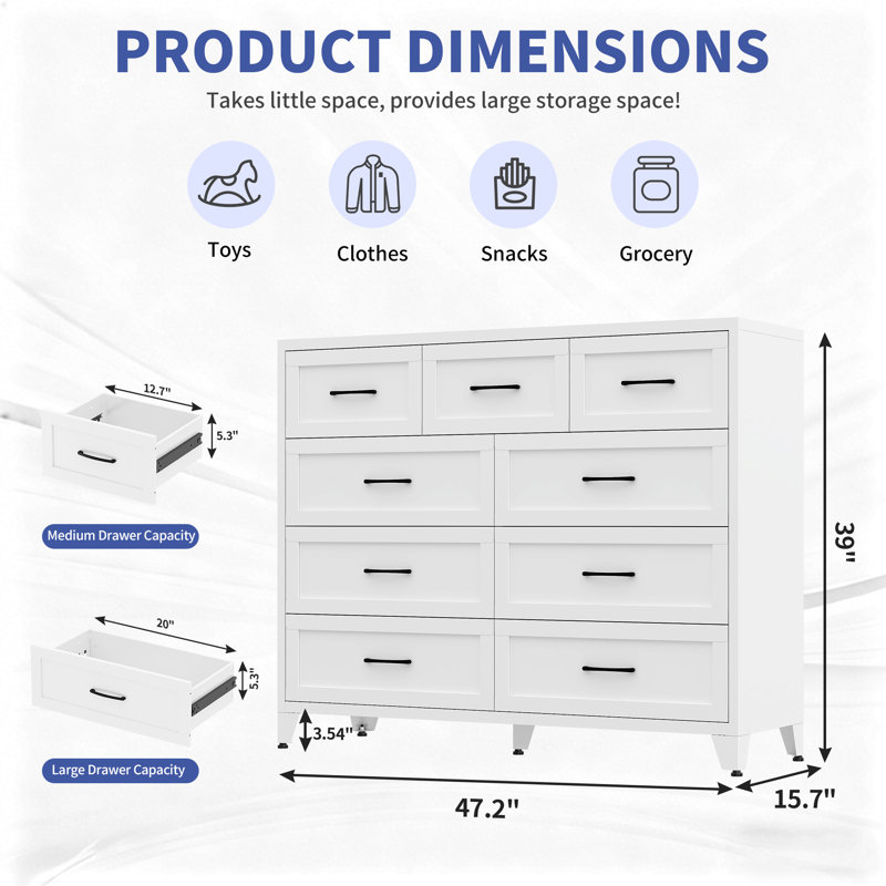 47.2" Wide Metal Dresser Chest with 9 Drawers, Modern Steel Chest with Anti-Tip Hardware., White