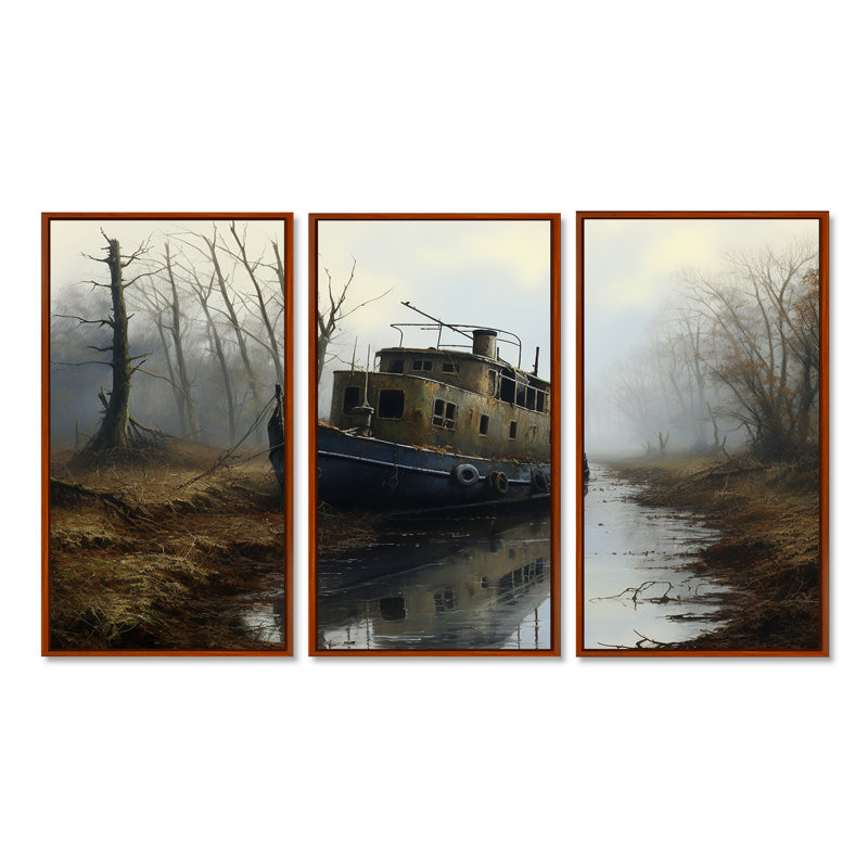 Amalea - Ensemble de salon d'art mural bateau, H 40 po x l 60 po x P 1 po, Cadre flottant brun