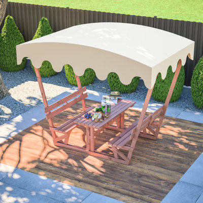 Table et banc de pique-nique en bois massif toutes saisons avec auvent amovible. Fabrication, plateau de table de 1,06 pouce d'épaisseur pour six adultes. Toile imperméable à l'abri des rayons du soleil. Bancs ergonomiques