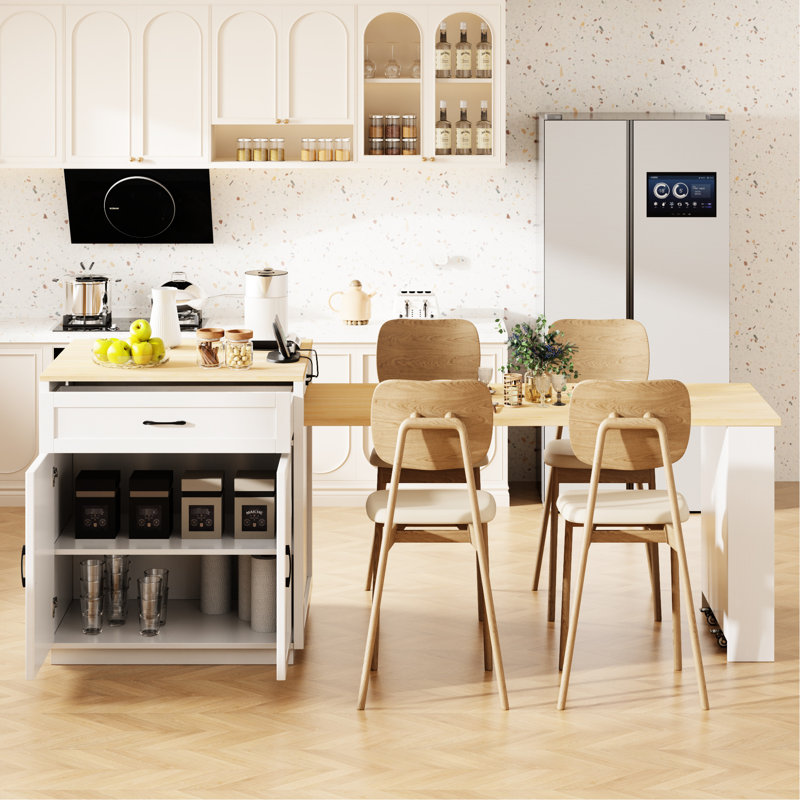 Kitchen Island With Extendable Dining Table For 2-6 People, White, Double Storage, 2 Lockable Wheels, Drawers, Side Storage Area 82.7 Inch 2-6, Double Ac Outlets, 1 , Type-C, Compartment, Material