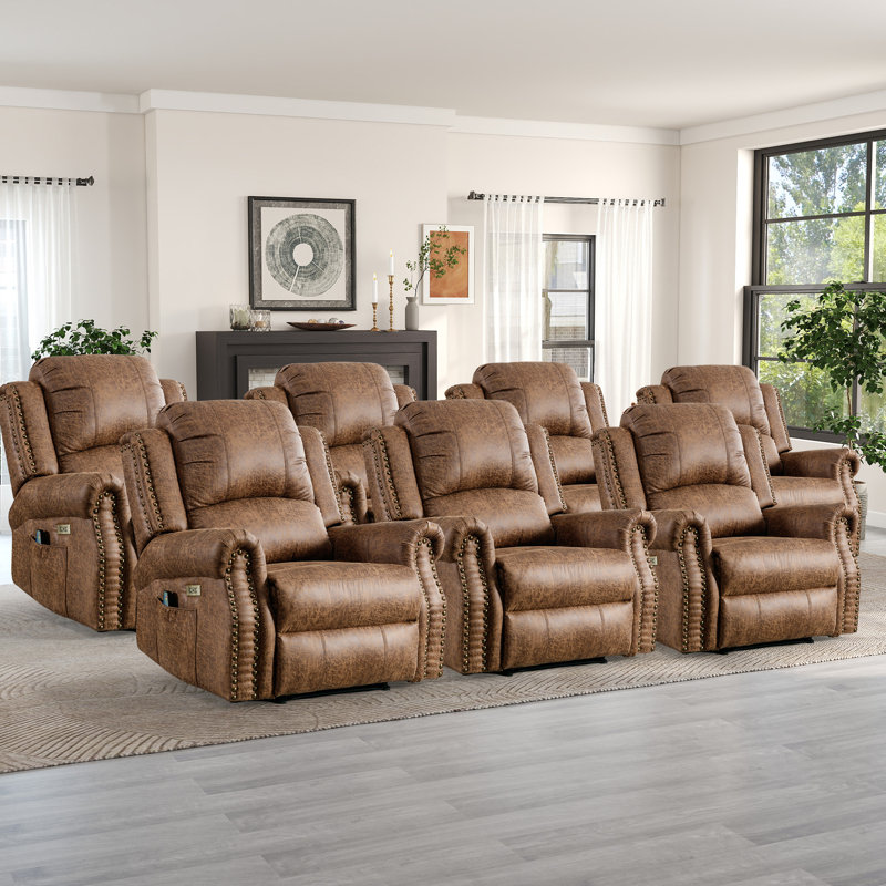 Alverez 38.19" Wide Top Faux Leather Power Standard Recliner Chair Brass Nail Decoration Massage Heating With USB Port (Set Of 7)