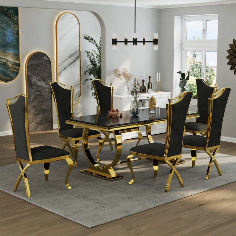 Ensemble de table de salle à manger de luxe avec 6 chaises en cuir, Noir et or, Noir, Doré