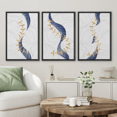«Abstract Line Geometric Birds», ensemble de 3 reproductions d'art encadrées sur toile