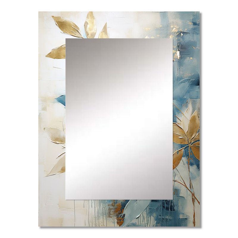 Or et bleu abstrait botanique - miroir mural décoratif botanique, miroir moderne, art imprimé en métal, 32 po x 24 po