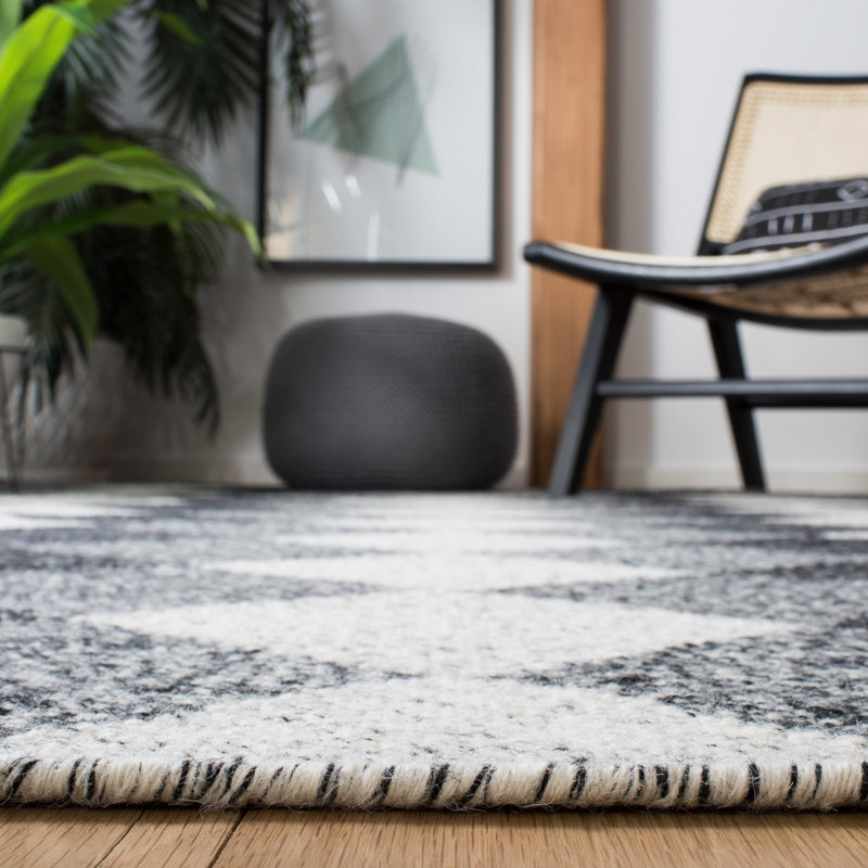 Kilim Flat Weave Wool/Cotton Geometric Rug in Black, Runner 2'3" x 9'