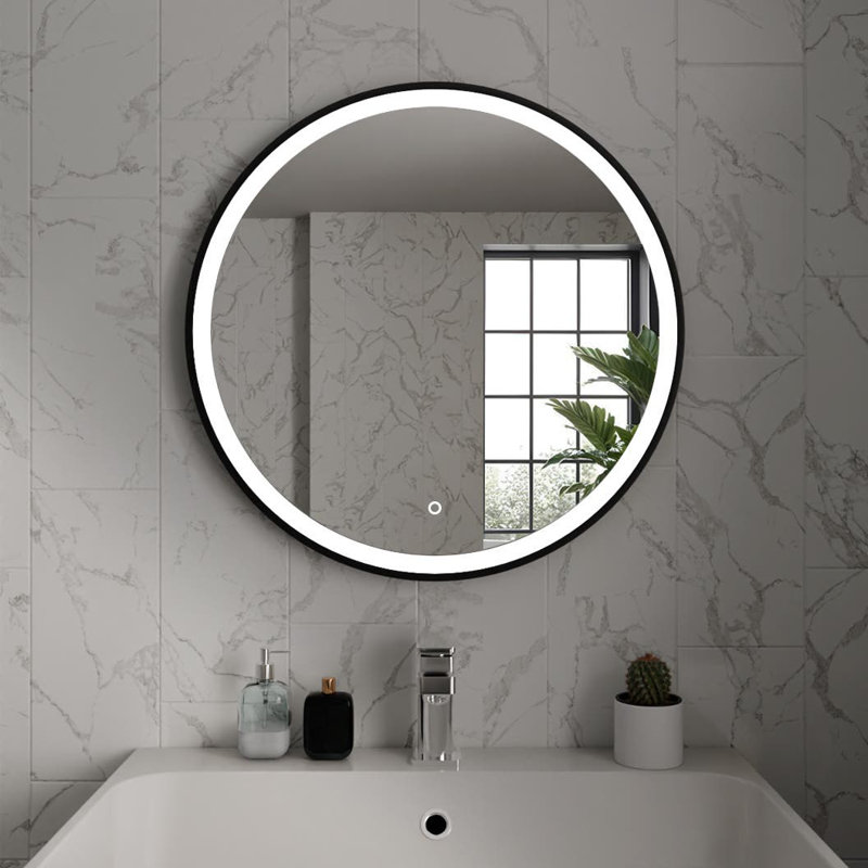Round LED Bathroom Mirror Fog Free Touch Sensor, 80 cm H x 80 cm W, Matt Black