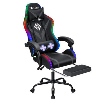 HOFFREE Gaming Chair With LED RGB Lights Massage Video Gamer Chairs With Footrest Ergonomic High Back Reclining Computer Chair With Adjustable Lumbar Support