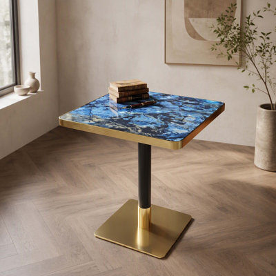 23.7 Inch Square Glossy Blue‑Agate Bistro Dining Table, Small Marble‑Effect Coffee‑Dinner Table with Gold Stainless‑Steel Edge, Heavy‑Duty Carbon‑Stee