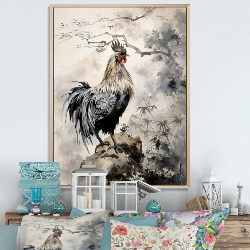 Aymie Asian Art Rooster Sumi I sur impression sur toile, H 40 po x l 30 po x P 1,5 po, Cadre naturel flottant