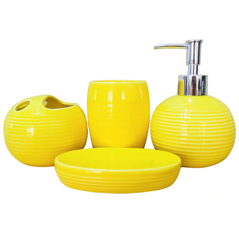 Ensemble d'accessoires de salle de bain en céramique jaune 4 pièces avec porte-brosse à dents, distributeur de lotion, savon, tasse