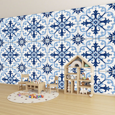 Peel and Stick Wallpaper 69" L x 96" W Modern Self Adhesive Wall Mural for Bedroom - With Portugal Tiles Print