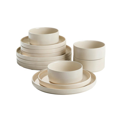  Ensemble de 12 assiettes et bols en glacis réactif fait à la main 12 pièces, ensemble de vaisselle en céramique pour 4 personnes, ensemble de vaisselle résistant aux rayures, va au micro-ondes et au lave-vaisselle, blanc mat