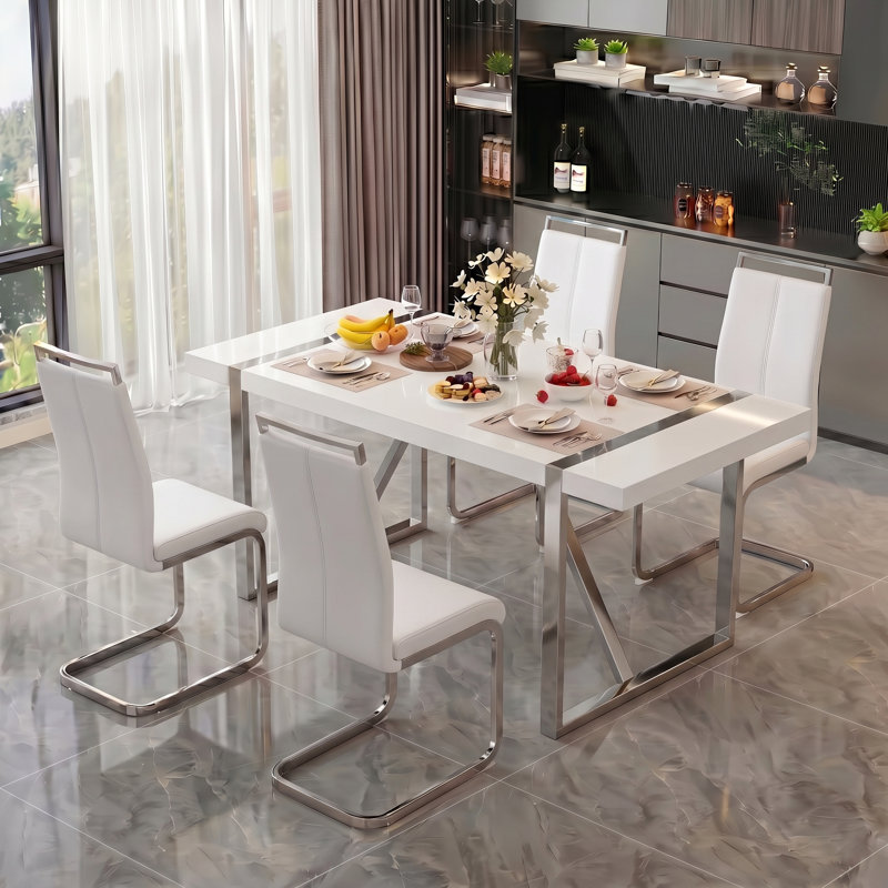 Ensemble de salle à manger 5 pièces rectangulaire moderne en bois ultrabrillant Glam avec chaises en faux cuir, 5, Blanc
