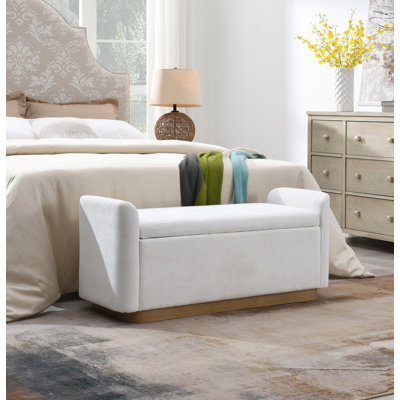 Banc 49 po avec rangement, banc repose-pieds avec charnière de sécurité, base en métal doré avec cadre en bois, banc de hall d'entrée rembourré pour chambre à coucher, salon, capacité de poids jusqu'à 350 lb, beige