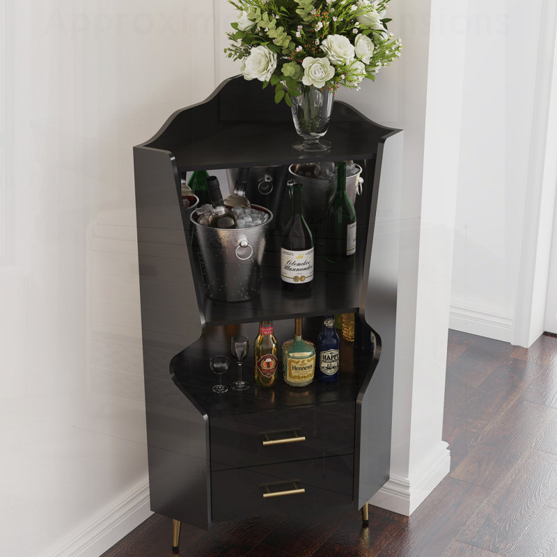 Bar en bois avec 2 tablettes de rangement ouvertes et 2 tiroirs, Noir