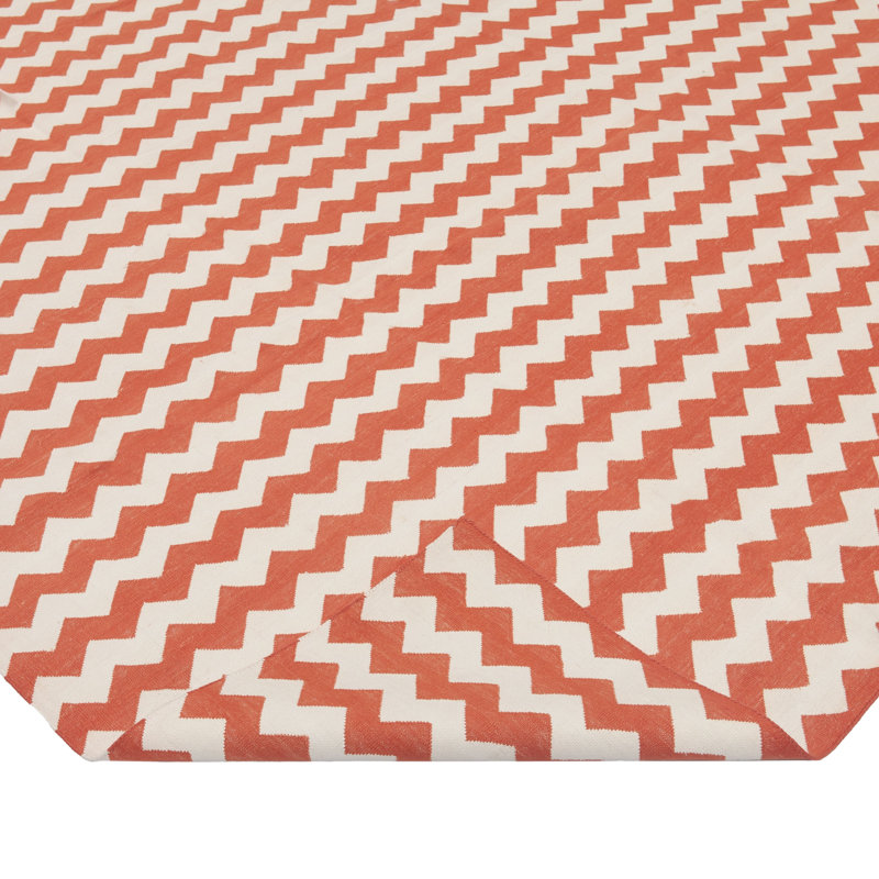 Orange & White Chevron Dhurrie Cotton Rug - 10' x 14'18