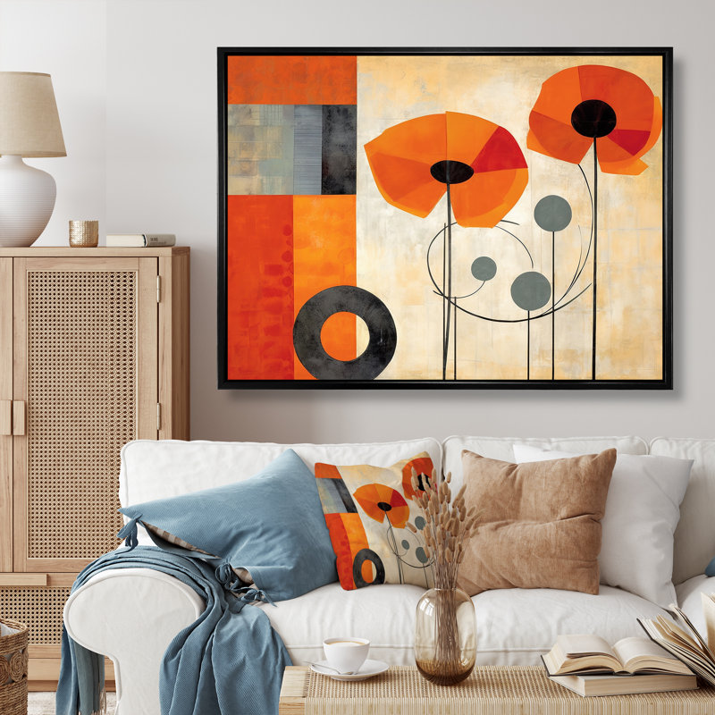 Fleurs cubiques orange vif - art mural abstrait géométrique pour le salon, Cadre flottant noir, H 34 po x l 44 po x P 1,5 po