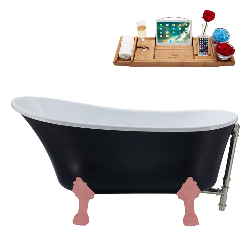 55" Streamline Clawfoot Soaking Acrylic Bathtub With Drain, Clawfeet, and Bamboo Tray, Brushed Nickel, Matte Pink