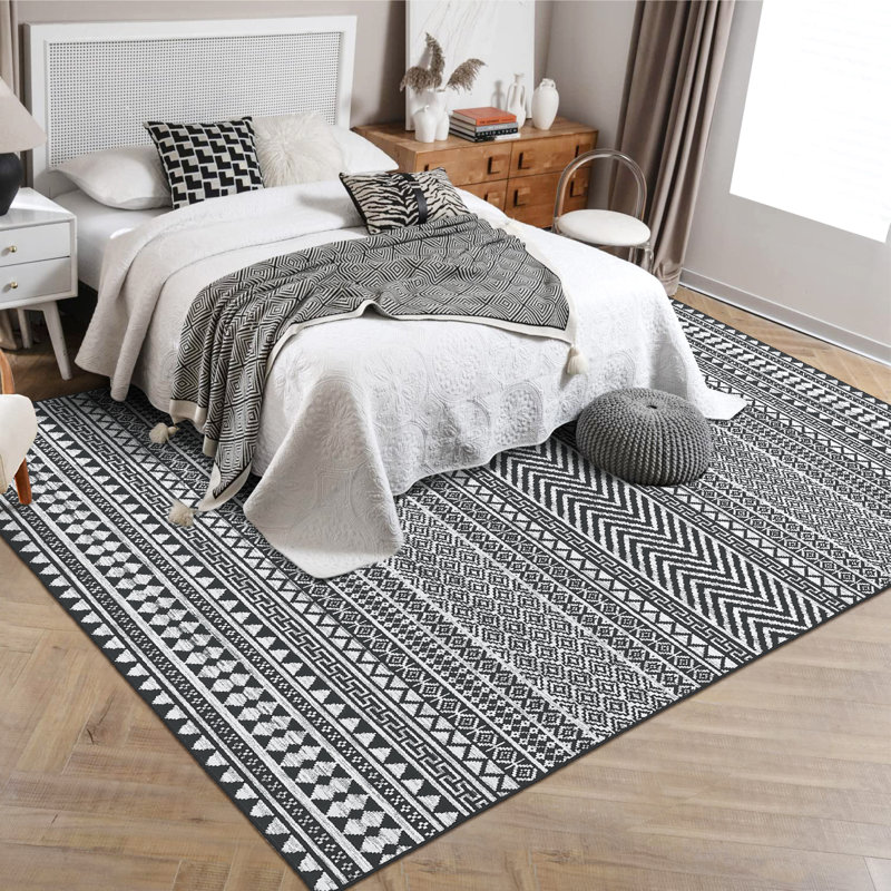 Tapis antidérapant et lavable Boho, Noir, Rectangulaire 8 pi x 10 pi