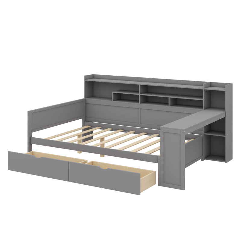 Wooden Full-Size Daybed With Integrated Storage Racks, Multi-Functional Bed With Two Drawers And A Study Table