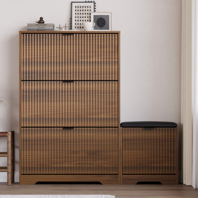 47-inch Three-Door Shoe Cabinet with Built-in Bench and Three Flip-Top Drawers Anti-tip and waterproof design Ideal for compact living spaces