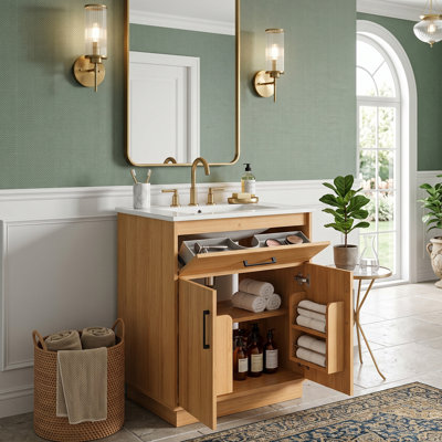 Meuble-lavabo moderne 24 po avec lavabo en céramique et tiroir rabattable, armoire en bois aggloméré avec supports de porte (bois naturel) 24 po