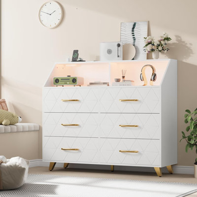 Kawamura Bedroom Dresser with LED Lights & Charging Station, Wood 6 Drawer Dresser for Bedroom, Dressers & Chests of Drawers for Closet, TV Stand, Liv