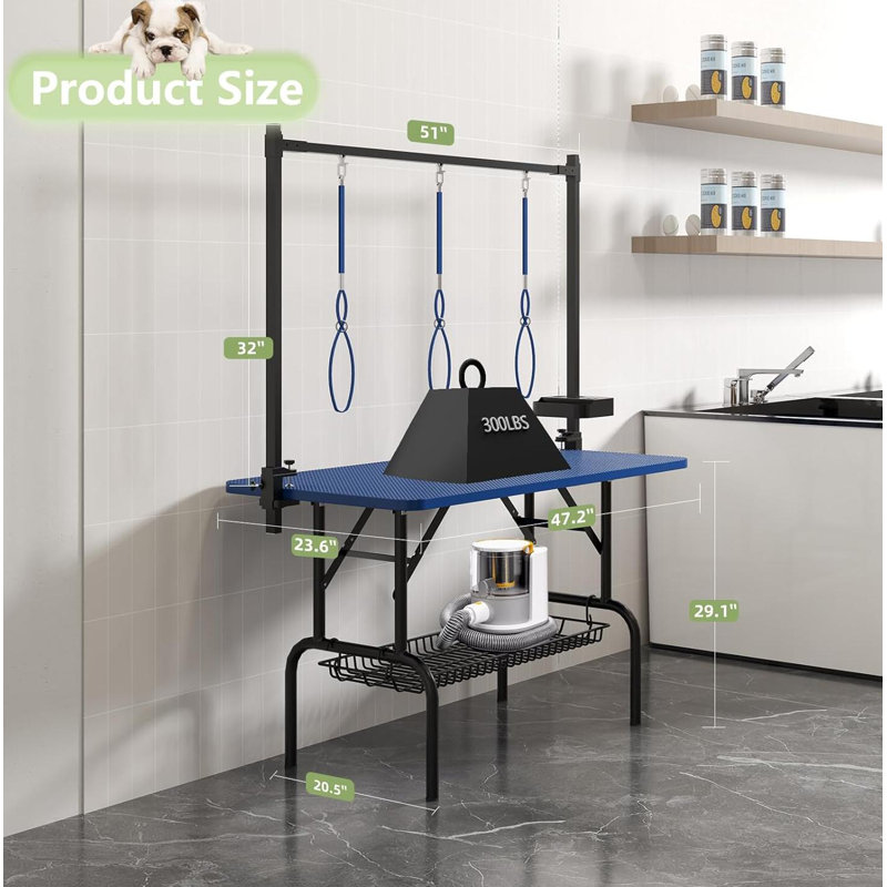 Grande table de toilettage pour chien de 47 po, station pour animaux pliable à la maison, table de toilettage pour chien, plateau de séchage pour chat réglable avec accoudoirs, nœuds, plateau en filet