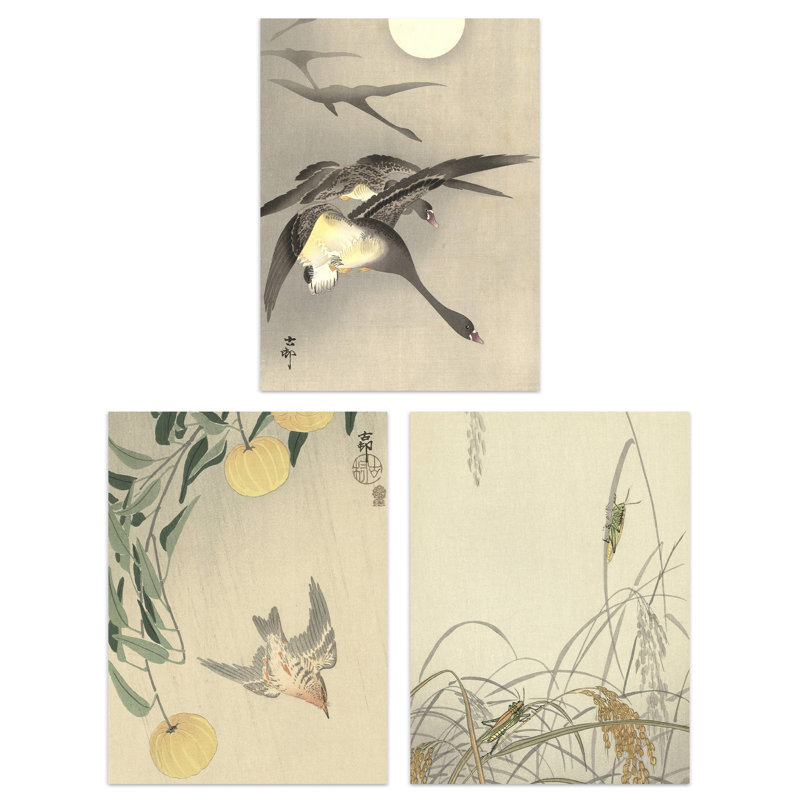 Addelynne Kacho-e Bird Flower Cuckoo Geese Paintings Art - 3 Piece No Frame Print, 29.7" H x 21" W x 0.4" D