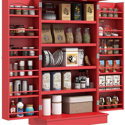 41" Freestanding Kitchen Cabinetry, Red, With 12 Door Shelves & Bountiful Storage Pantry In Apparent