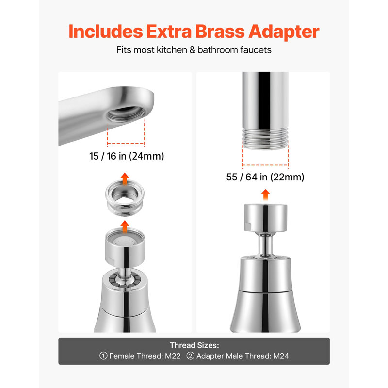 Faucet Aerator, 360° Swivel Kitchen Sink Aerator, 5-Function 5-Flow Sink Sprayer Attachment, Bathroom Faucet Extender Head Replacement For 15/16 Inch Female Thread With Adapter And 55/64 Inch Male