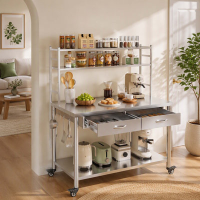 Table de préparation de travail robuste en acier inoxydable de qualité commerciale avec tiroir, tablette supérieure, tablettes réglables et crochets utilitaires ; idéale pour les restaurants et les garages.