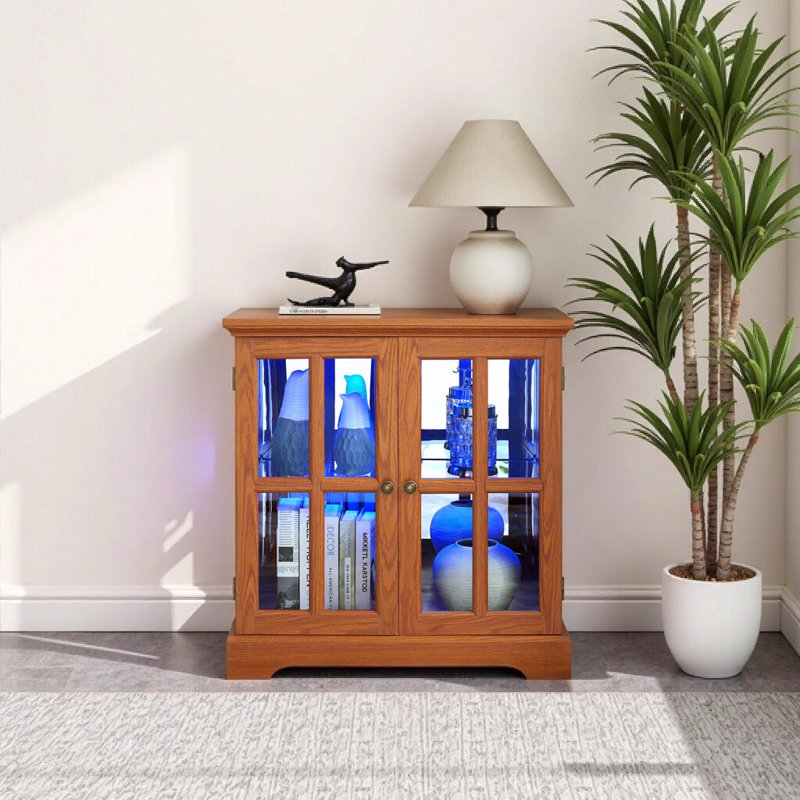 Elegant LED Curio Display Cabinet with Adjustable Glass Shelves, Antique Retro Dark Oak Bookcase with Lattice Doors and Magnetic Closure for Home Décor and Organized Storage