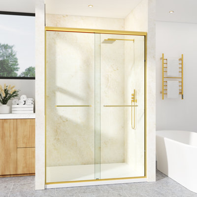 Porte de douche coulissante double semi-sans cadre de 56 à 61 po L x 76 po H avec verre trempé clair de 1/4 po (6 mm), film incassable, roulettes réglables, poignée réversible et repère de perçage.