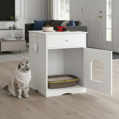 Enceinte de litière pour chat en bois massif avec tiroir, table d'appoint, cage intérieure pour animal, blanc