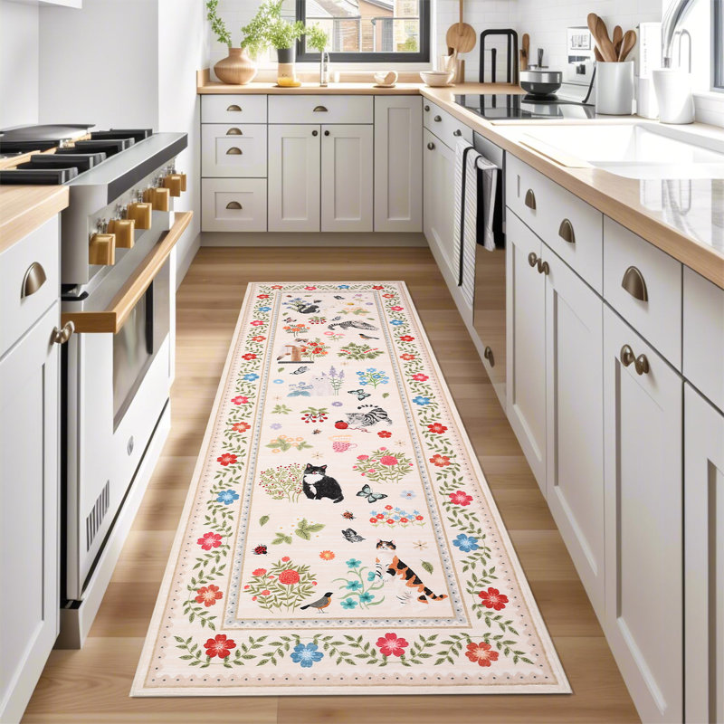 Floral Bordered 2×6 Non Slip Soft Runner Rugs for Hallway Entryway Kitchen Floor Modern Animal Cat Washable Soft Indoor Carpet
