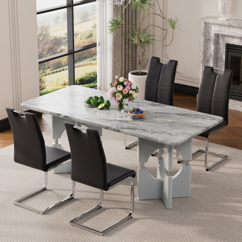 Ensemble de salle à manger 5/7 pièces, table en marbre et chaises en simili cuir 4/6 pour petits espaces, cuisine, salle à manger